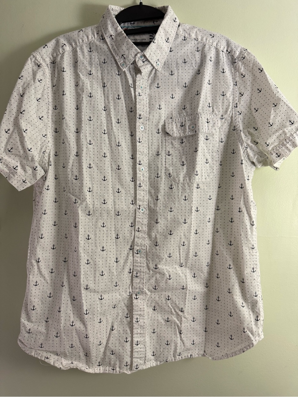 Denim & Flower Men’s Untucked Achor Print Short Sleeve Button Down L